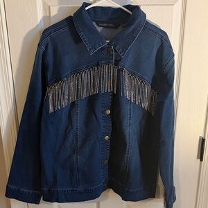 Colleen Lopez Navy Blue Denim Jacket with Rhinestone Fringe